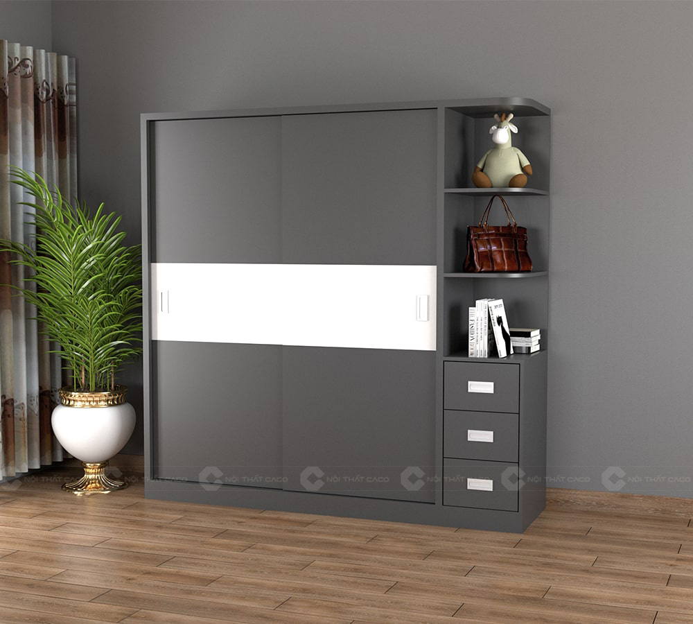 Tủ quần áo cửa lùa màu xám kệ bo góc